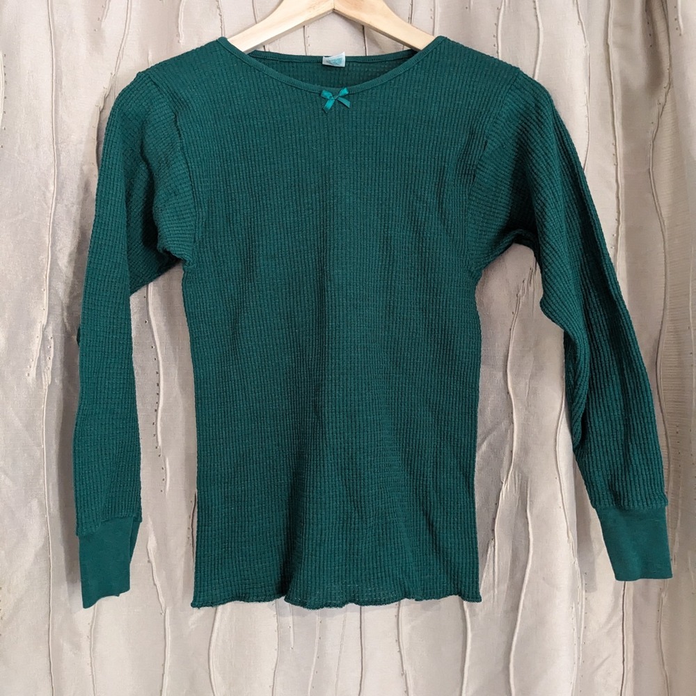 Vintage 80s 90s Thermal Shirt Womens XS/S Green Bow Waffle Knit USA Coquette